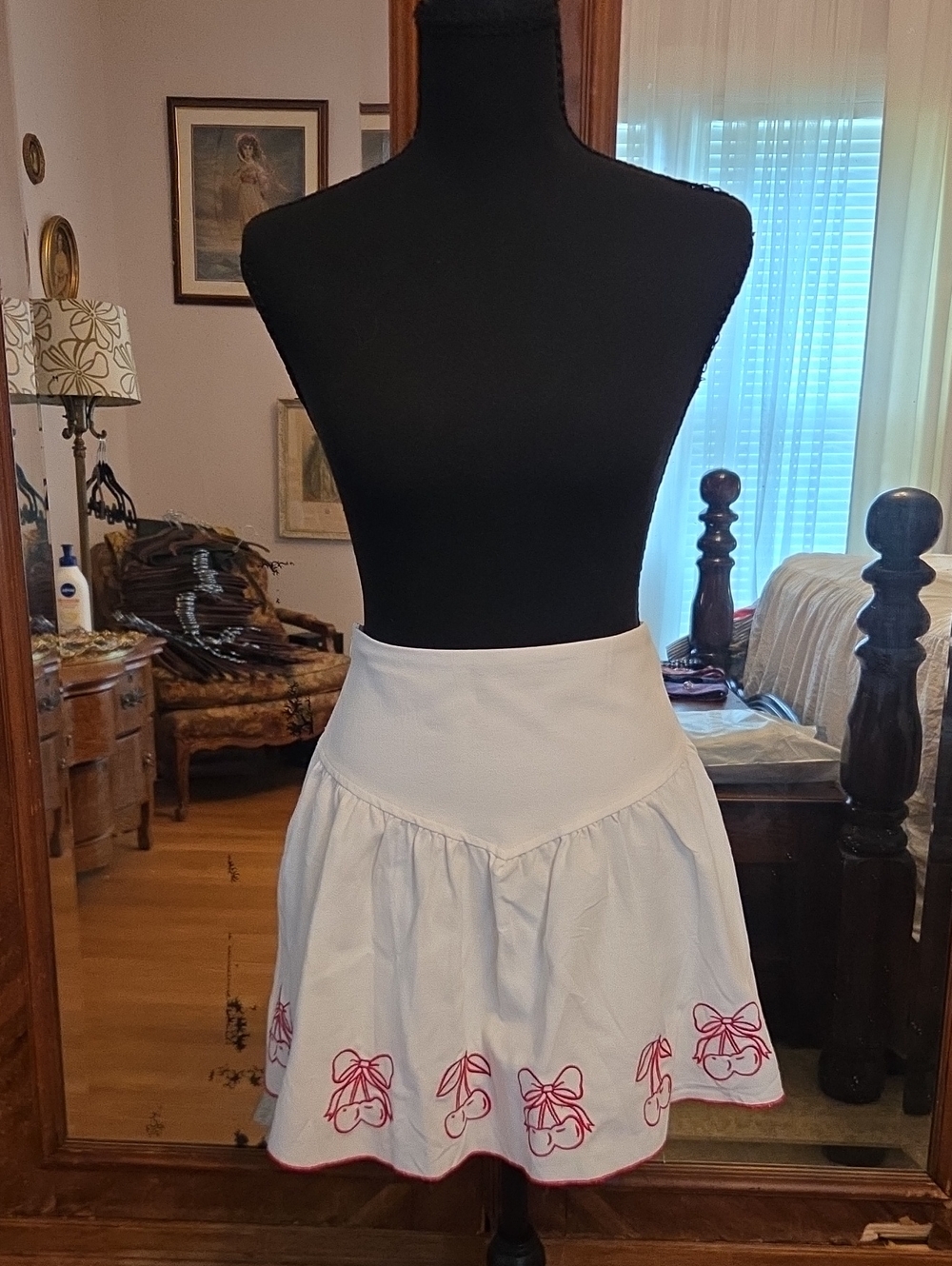 White Circle Skirt with Red Cherries Embroidery